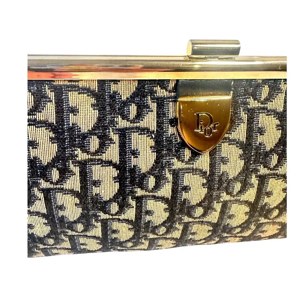 Vintage Christian Dior Oblique Trotter Frame Clutch Navy Canvas Made France
